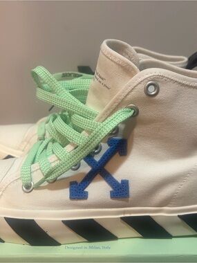 Off-White White High-Top Sneakers with Mint Green Laces and Blue Arrow
